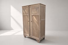 French Art Deco Two-Door Armoire, Bleached Oak, Carved Roses, 1930s