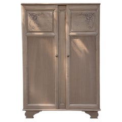 French Art Deco Two-Door Armoire, Bleached Oak, Carved Roses, 1930s