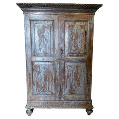 Indian Painted Hardwood Two-Door Armoire, Carved Panels, 1940s