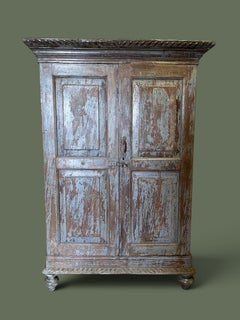 Indian Painted Hardwood Two-Door Armoire, Carved Panels, 1940s
