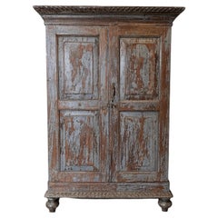 Indian Painted Hardwood Two-Door Armoire, Carved Panels, 1940s