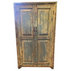 French Provincial Two-Door Pine Armoire, Distressed Blue Paint, 1940s