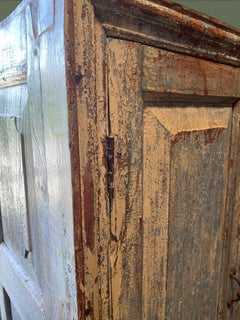French Provincial Two-Door Pine Armoire, Distressed Blue Paint, 1940s