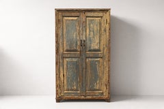 French Provincial Two-Door Pine Armoire, Distressed Blue Paint, 1940s