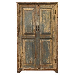 French Provincial Two-Door Pine Armoire, Distressed Blue Paint, 1940s