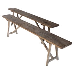 French Provincial Pair of Oak Benches, Splayed Legs, 1950s