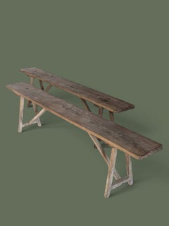 French Provincial Pair of Oak Benches, Splayed Legs, 1950s