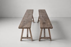 French Provincial Pair of Oak Benches, Splayed Legs, 1950s
