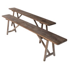 French Provincial Pair of Oak Benches, Splayed Legs, 1950s
