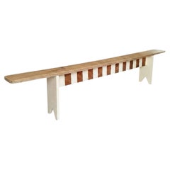 French Country Farmhouse Bench, Pine, Striped Apron, 1950s