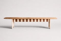 French Country Farmhouse Bench, Pine, Striped Apron, 1950s