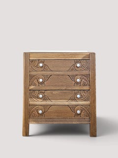 French Art Deco Chest of Drawers, Carved Oak, Marble Top, 1930s