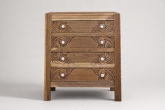 French Art Deco Chest of Drawers, Carved Oak, Marble Top, 1930s