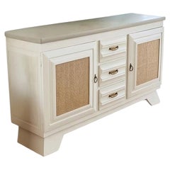 French Oak Sideboard, Woven Cane Panels, Repainted White, 1940s