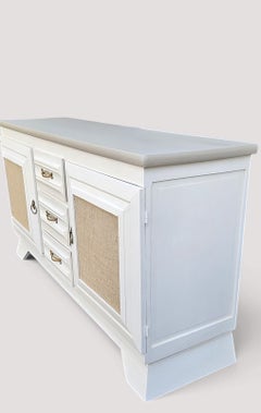 French Oak Sideboard, Woven Cane Panels, Repainted White, 1940s