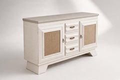 French Oak Sideboard, Woven Cane Panels, Repainted White, 1940s