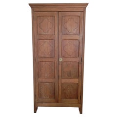 French Provincial Two-Door Teak Armoire, Carved Quatrefoil Panels, 1950s
