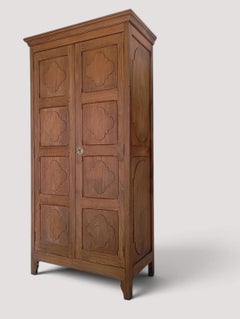 French Provincial Two-Door Teak Armoire, Carved Quatrefoil Panels, 1950s