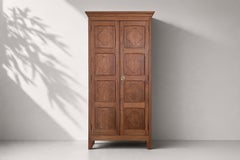 French Provincial Two-Door Teak Armoire, Carved Quatrefoil Panels, 1950s