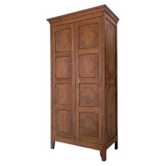 French Provincial Two-Door Teak Armoire, Carved Quatrefoil Panels, 1950s
