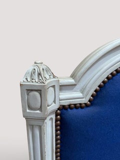 Louis XVI Style Bed, Carved and Painted Wood, Blue Velvet, France, 1950s