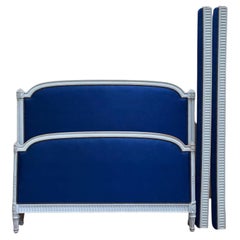 Louis XVI Style Bed, Carved and Painted Wood, Blue Velvet, France, 1950s