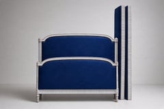 Louis XVI Style Bed, Carved and Painted Wood, Blue Velvet, France, 1950s