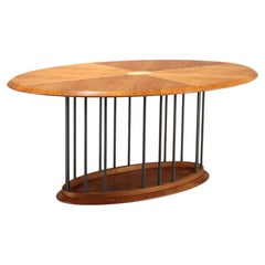 Italian Oval Dining Table, Walnut with Metal Rod Base, 1980s