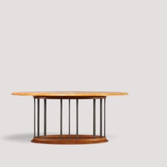Italian Oval Dining Table, Walnut with Metal Rod Base, 1980s