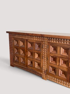 Spanish Brutalist Four-Door Sideboard, Carved Solid Wood, 1960s