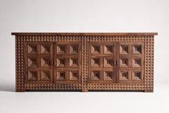 Spanish Brutalist Four-Door Sideboard, Carved Solid Wood, 1960s