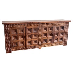 Spanish Brutalist Four-Door Sideboard, Carved Solid Wood, 1960s