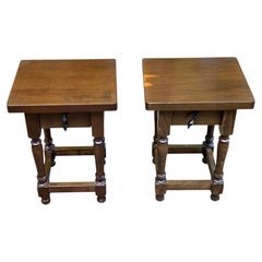 Spanish Rustic Side Tables, Turned Legs, Single Drawer, Pair, 1960s