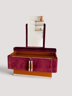 French Dressing Table with Mirror, Burgundy Velvet and Chrome, 1970s
