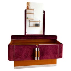 French Dressing Table with Mirror, Burgundy Velvet and Chrome, 1970s