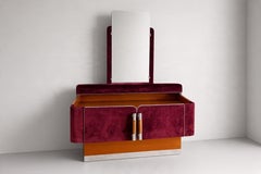 French Dressing Table with Mirror, Burgundy Velvet and Chrome, 1970s