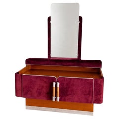 French Dressing Table with Mirror, Burgundy Velvet and Chrome, 1970s