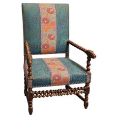 Pair of French Louis XIII Style High-Back Armchairs, Carved Walnut, 1890s