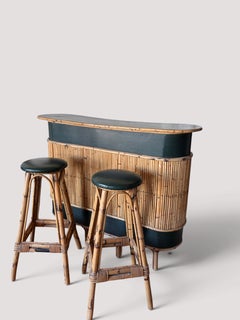 French Bamboo and Rattan Bar with Green Leather Top, 1950s