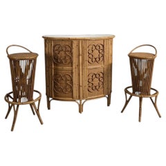 French Bamboo and Rattan Bar Counter with Two Stools, 1950s