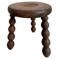 French Folk Art Tripod Stool, Turned Oak, Bobbin Legs, 1950s