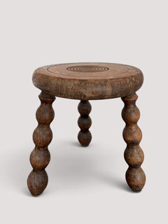 French Folk Art Tripod Stool, Turned Oak, Bobbin Legs, 1950s