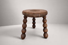 French Folk Art Tripod Stool, Turned Oak, Bobbin Legs, 1950s