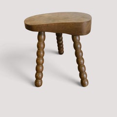 French Bobbin Leg Tripod Stool, Carved Hardwood, 1950s