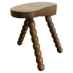 French Bobbin Leg Tripod Stool, Carved Hardwood, 1950s