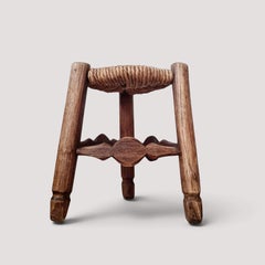 French Provincial Tripod Stool, Carved Oak and Rush Seat, 1940s