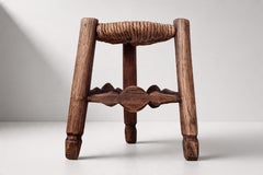 French Provincial Tripod Stool, Carved Oak and Rush Seat, 1940s