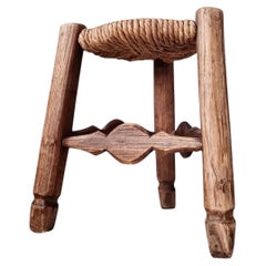 French Provincial Tripod Stool, Carved Oak and Rush Seat, 1940s
