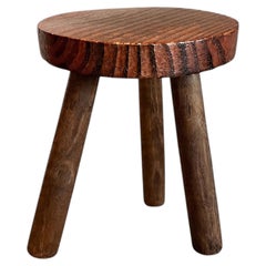 French Brutalist Tripod Farm Stool, Carved Solid Wood, 1940s