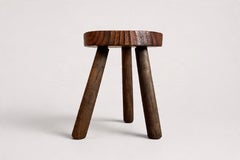 French Brutalist Tripod Farm Stool, Carved Solid Wood, 1940s